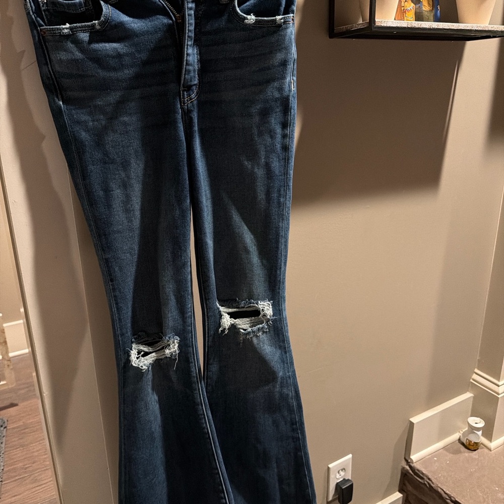 BKE Dark Blue Flared Jeans with Knee Distress